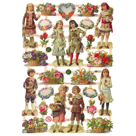 Victorian Children & Flower Basket Scraps ~ Germany 